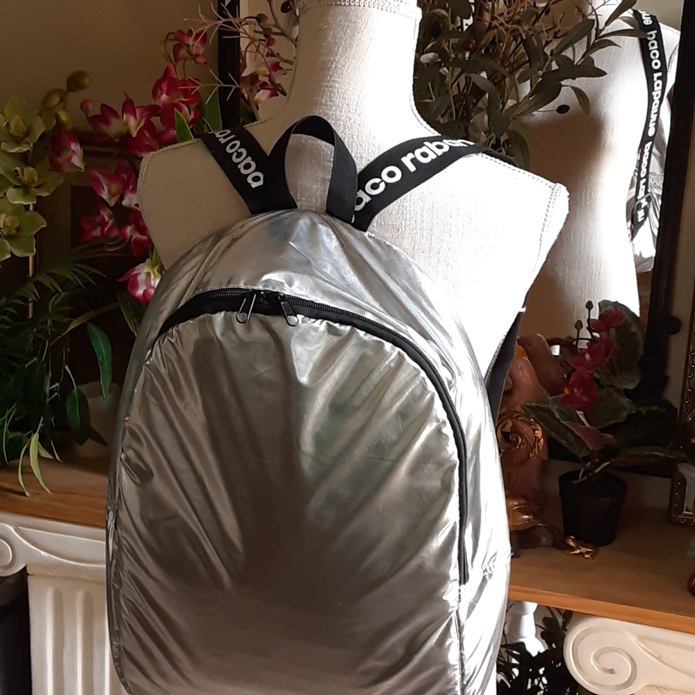 Paco Rabanne Silver Metallic Backpack - Bold Logo Webbing Straps - Rare